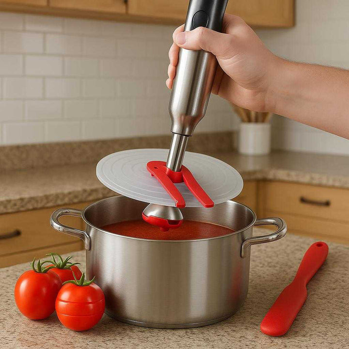 Køkken Gadget → Teknogadget i Rustfrit Stål, Plastik og Metalhåndtag - 1 stk, Høj Kvalitet: A realistic kitchen setting where the kitchen gadget is properly grounded on a countertop, being actively used by a person to blend soup in a pot.