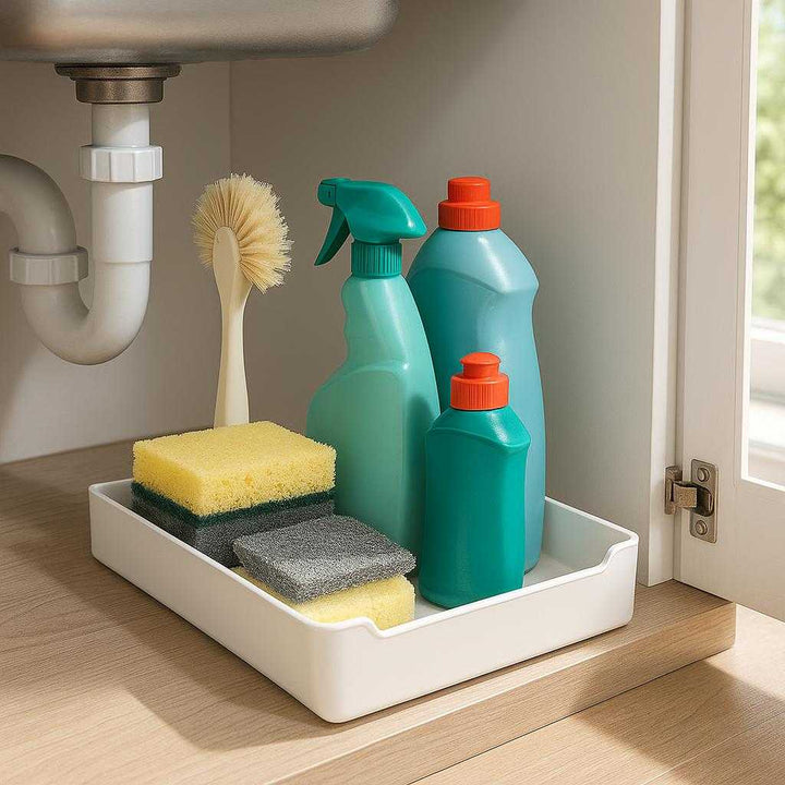 Køkkenopbevaring under vasken - Justerbar hylde til optimal organisering og pladsudnyttelse: A realistic kitchen setting where the product is properly grounded on the floor of a cabinet under the sink, being actively used to organize cleaning supplies like sponges, brushes, and cleaning bottles.