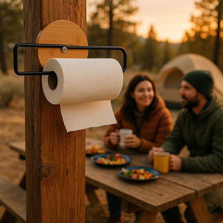 Køkkenrulleholder i Bambus og Stål - Stilren og Funktionel til Camping og Hjem. In a cozy campsite setting, the bamboo and steel kitchen roll holder is mounted on a wooden post, conveniently holding a roll of paper towels for campers enjoying a meal outdoors.
