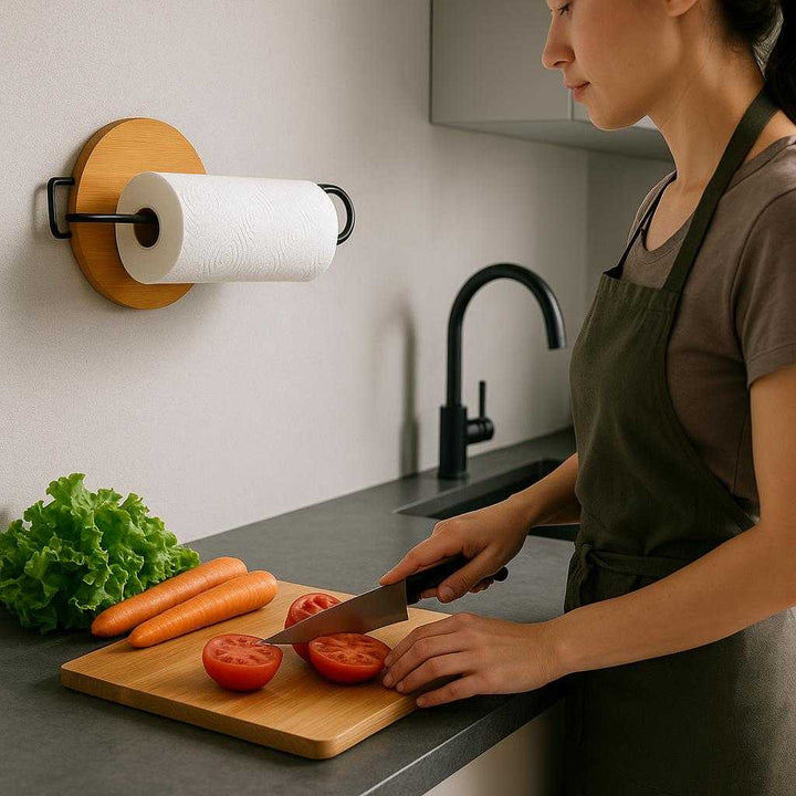 Køkkenrulleholder i Bambus og Stål - Stilren og Funktionel til Camping og Hjem. The bamboo and steel kitchen roll holder is installed on the wall of a sleek, modern kitchen, holding a roll of paper towels ready to be used as a home cook prepares a meal.