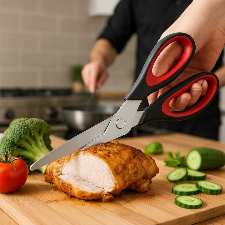 Køkkensaks med Ergonomisk Greb - Skarp, Præcis og Moderne Design i Metal og Plastik. A pair of 'Køkkensaks med Ergonomisk Greb' effortlessly cuts through a thick piece of roasted chicken in a modern kitchen, with fresh vegetables nearby and a chef in action in the background.