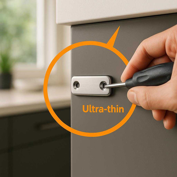 Køkkenskabs dør magneter i metal og plastik - Sort, Sølvfarvet, Ultratyndt Design: A realistic kitchen setting where the ultrathin metal and plastic cabinet door magnet is properly grounded on a sleek, modern cabinet door.