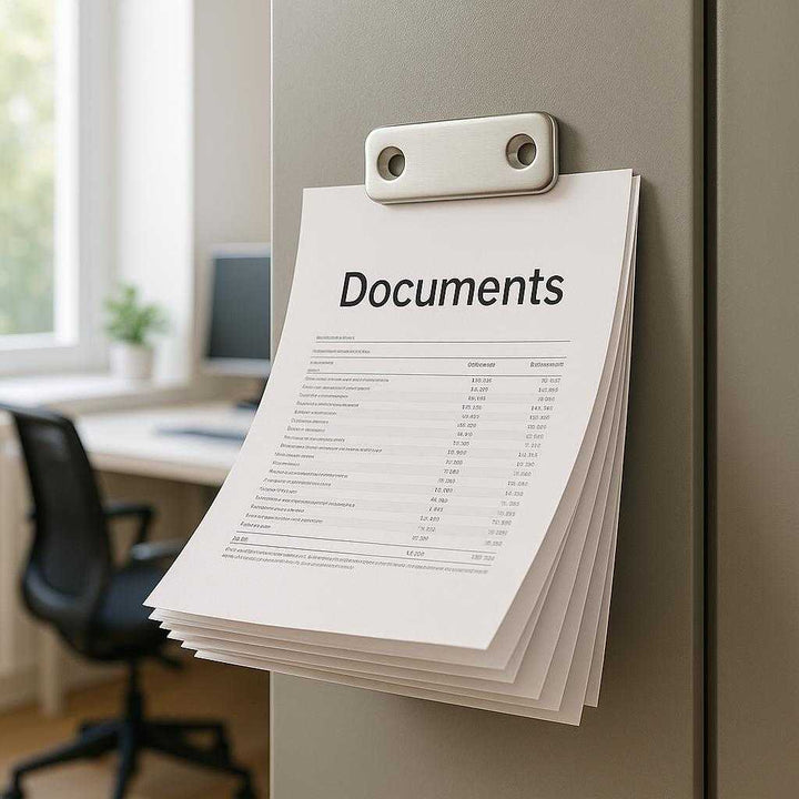 Køkkenskabs dør magneter i metal og plastik - Sort, Sølvfarvet, Ultratyndt Design: A different realistic office setting where the ultrathin magnet is securely positioned on a metal filing cabinet as it holds a stack of important documents against the cabinet door.