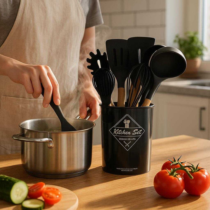 Køkkensæt med 12 Dele i Høj Kvalitet - Professionelt Køkkenredskabssæt med Træhåndtag og Sorte Silikonehoveder: A realistic modern kitchen setting where the product is properly grounded on a wooden countertop, being actively used by a cook preparing a meal.