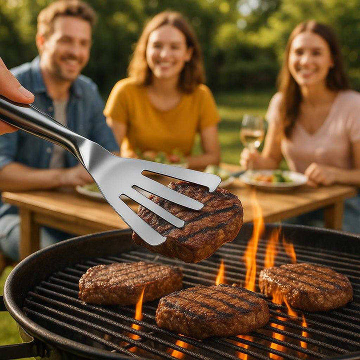 Køkkentang i Rustfrit Stål - Professionelt Design og Høj Kvalitet til Hjemmekokke. The sleek stainless steel kitchen tongs are being used to flip sizzling steaks on a barbecue grill during a sunny backyard cookout with friends gathered around.
