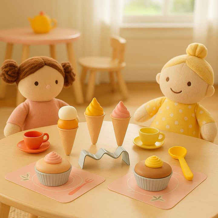 Køkkenudstyr til børn - Kreativt og sikkert bagelegetøj i pink, gul og hvid. A whimsical child’s tea party setup in a sunny playroom displays the pink, yellow, and white toy baking set alongside plush dolls and tiny teacups.