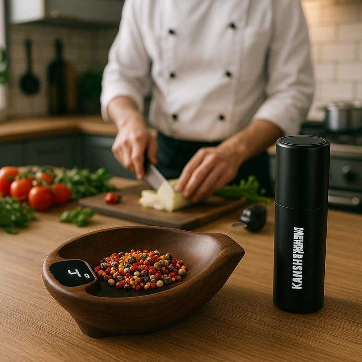 Køkkenvægt med digital display og indbygget krydderikværn - Præcise målinger og bekvem kværning. The sleek digital kitchen scale and spice grinder is actively weighing a handful of colorful spices in a bustling modern kitchen, as a chef prepares ingredients for a gourmet dish.