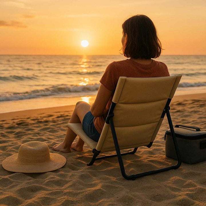 Klap stol i beige, brun, grøn, sort - Stof, metal, polstret sæde - Bærbar og komfortabel: A different realistic beach scene where the folding chair is securely positioned on sandy terrain, being used by a person enjoying the sunset.