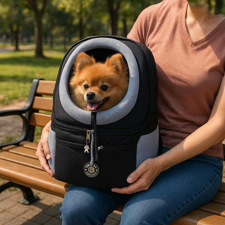 Kæledyrsrygsæk med ventilationsvinduer – Komfortabel transporttaske med boblevindue til hunde og katte – Tilgængelig i 5 farver: A realistic urban park setting where the pet backpack is properly grounded on a park bench, being actively used by a person sitting with their pet inside the backpack.