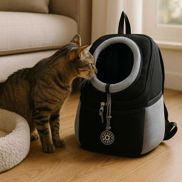 Kæledyrsrygsæk med ventilationsvinduer – Komfortabel transporttaske med boblevindue til hunde og katte – Tilgængelig i 5 farver: A different realistic home setting where the pet backpack is securely positioned on a living room floor next to a pet bed.