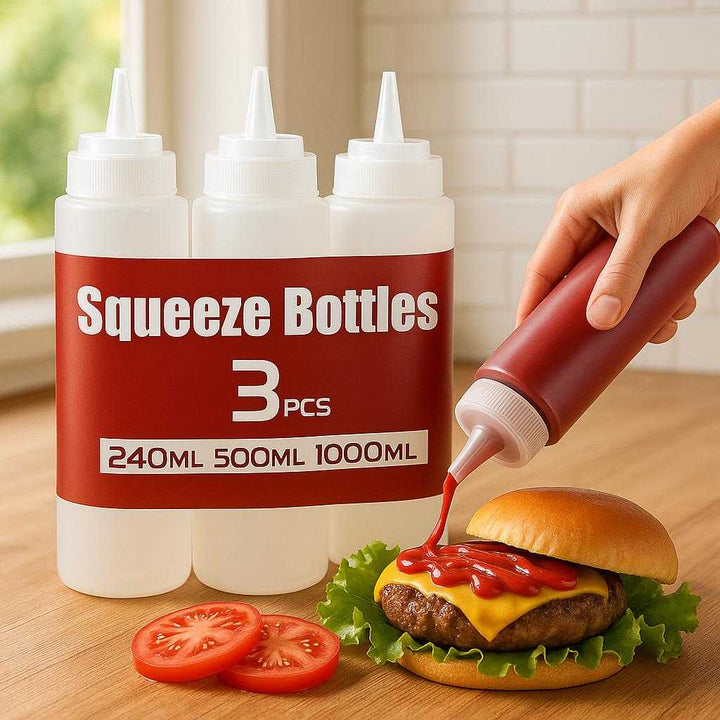 Klem flasker i plastik og polyethylen, genanvendelig, let at bruge - 240ml, 500ml, 1000ml: A realistic kitchen setting where the squeeze bottle is properly grounded on a wooden countertop, being actively used by a person's hand to dispense ketchup over a freshly grilled burger.