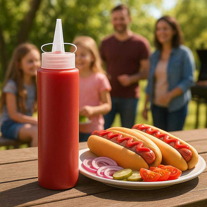 Klem flasker i plastik og polyethylen, genanvendelig, let at bruge - 240ml, 500ml, 1000ml: A vibrant outdoor barbecue setting where the squeeze bottle is securely positioned on a picnic table, being naturally placed next to a plate of hot dogs and toppings.