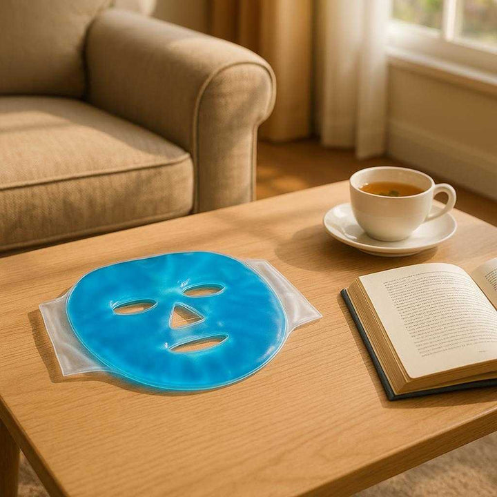 Kølende Gel Ansigtsmaske - Genanvendelig og Beroligende Maske til Afslapning & Hudpleje: A cozy living room setting where the Kølende Gel Ansigtsmaske is properly grounded on a coffee table next to a plush armchair, being naturally placed with an open book and a cup of herbal tea nearby, with natural daylight streaming through a window casting realistic shadows and showing clear contact points where the mask touches the table surface.