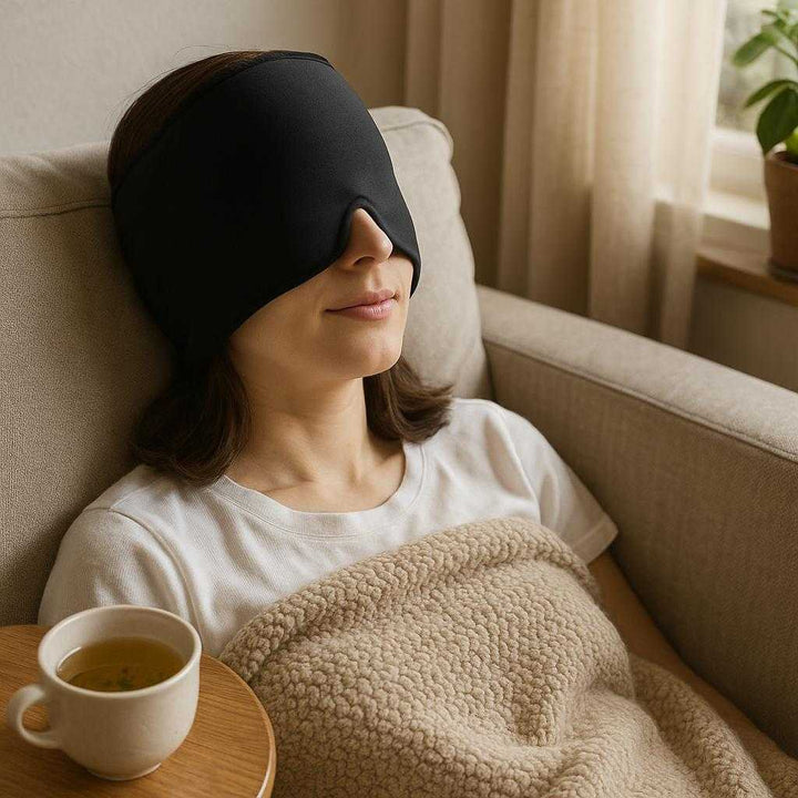 Kølende Ishætte med 180° Gelkompression - Til Migræne & Hovedpine Lindring - Tilgængelig i Sort og Lyserød: A realistic cozy living room setting where the Kølende Ishætte is properly grounded on the head of a person relaxing on a comfortable couch.