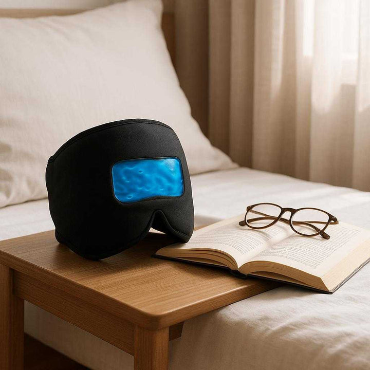 Kølende Ishætte med 180° Gelkompression - Til Migræne & Hovedpine Lindring - Tilgængelig i Sort og Lyserød: A different realistic bedroom setting where the Kølende Ishætte is securely positioned on a bedside table next to a neatly made bed.