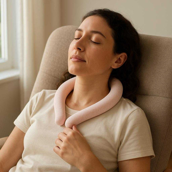 Kølende Omslag til Nakken - Genanvendeligt Gelbånd til Afslapning & Lindring i Lyserød, Blå og Hvid: A realistic living room setting where the Kølende Omslag til Nakken is properly grounded on a comfortable lounge chair, being actively used by a person relaxing with closed eyes.