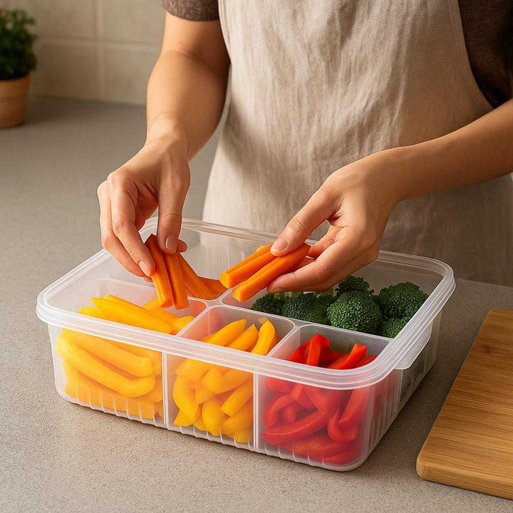 Køleskabskasse til Grøntsager og Frugt - Optimal Opbevaring med Høj Kvalitet og Avanceret Funktion: A realistic kitchen counter setting where the product is properly grounded on the countertop, being actively used by a person who is organizing fresh vegetables like carrots and bell peppers into the different compartments of the container, with natural kitchen lighting casting realistic shadows and showing clear contact points where the product touches the counter.