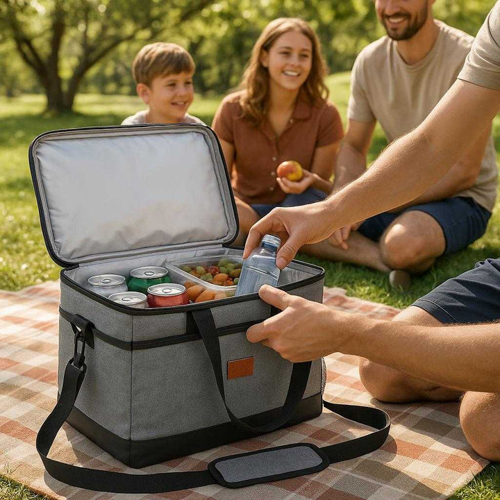 Køletaske i moderne design - Perfekt til madpakke, picnic og udendørs aktiviteter: A realistic picnic setting in a lush green park where the cooler bag is properly grounded on a picnic blanket, being actively used by a family.