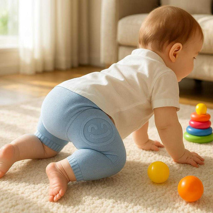 Knæ beskyttere i strikstof og elastisk materiale - Blå, Lyserød, Grøn, Gul, Beige: A realistic cozy living room with a plush play mat on the floor, where the knee protectors are properly worn by a crawling baby.