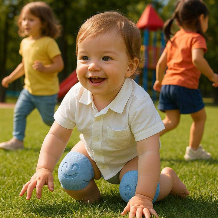 Knæ beskyttere i strikstof og elastisk materiale - Blå, Lyserød, Grøn, Gul, Beige: A different realistic outdoor park setting where the knee protectors are securely placed on a toddler’s knees as they play energetically on a soft grassy area.