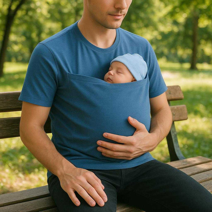 Kænguru Far T-shirt i Bomuld og Elastan - Armygrøn, Grå, Gråblå, Sort - Håndfri Bæring og Sikkerhed: A realistic park setting where the product is properly grounded on a seated adult, actively used to cradle a sleeping baby.