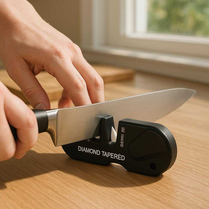 Knivsliber - Professionel Elektrisk, Kompakt med Keramisk og Karbid Slibning, Høj Kvalitet: A realistic kitchen setting where the product is properly grounded on a wooden countertop, being actively used by a person to sharpen a chef's knife.
