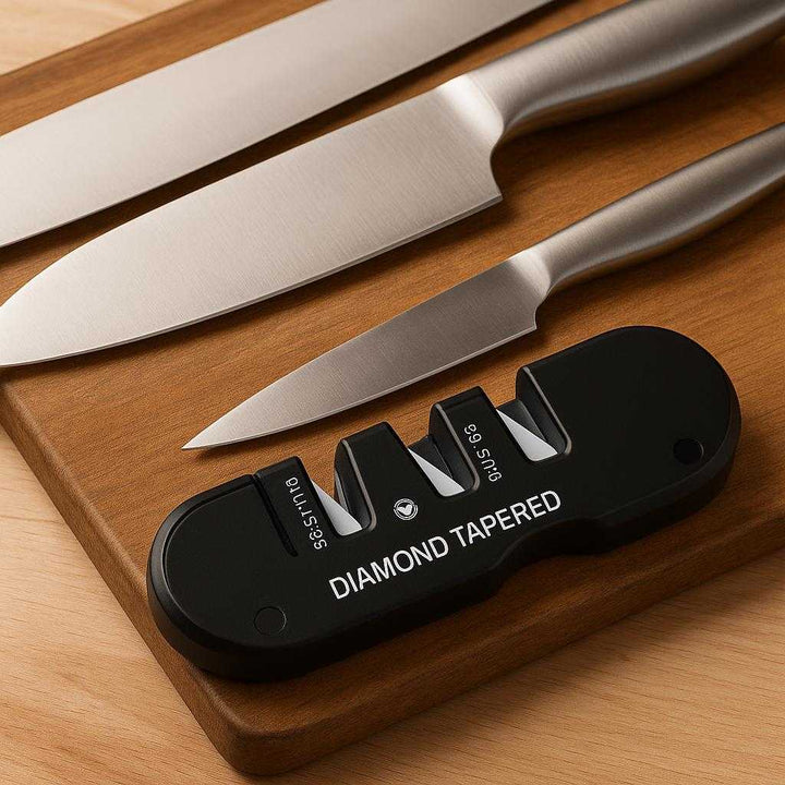 Knivsliber - Professionel Elektrisk, Kompakt med Keramisk og Karbid Slibning, Høj Kvalitet. A close-up of the high-quality knife sharpener with ceramic and carbide sharpening slots, placed next to a selection of finely sharpened kitchen knives on a wooden board.