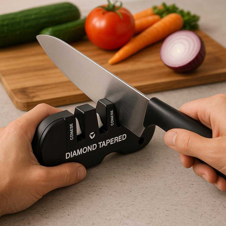 Knivsliber - Professionel Elektrisk, Kompakt med Keramisk og Karbid Slibning, Høj Kvalitet. The compact professional electric knife sharpener is being used on a kitchen countertop, sharpening a chef's knife with fresh vegetables ready to be sliced in the background.