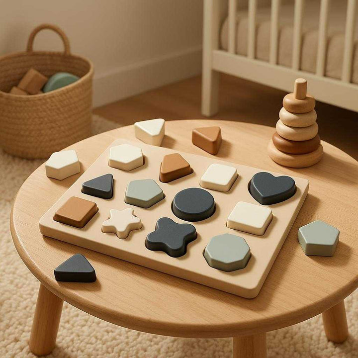 Knoppuslespil 1-3 år i Træ med Dyremotiver - Montessori Legetøj til Motorisk Udvikling: A different realistic nursery setting where the product is securely positioned on a small wooden table, surrounded by other Montessori toys, placed naturally with pieces slightly separated as if recently played with, with gentle ceiling lighting creating realistic shadows and seamlessly integrating into the playful environment.