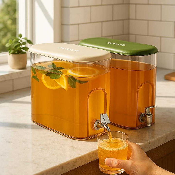 Kold Vand Flaske i Plastik og metal, Cremehvid & Middelaldergrøn, Pladsbesparende Design: A realistic kitchen countertop scene where the Kold Vand Flaske is properly grounded on a marble counter, being actively used to pour refreshing lemon and mint water into a glass held by a hand, with natural sunlight streaming through a kitchen window casting realistic shadows and showing clear contact points where the dispenser touches the surface.