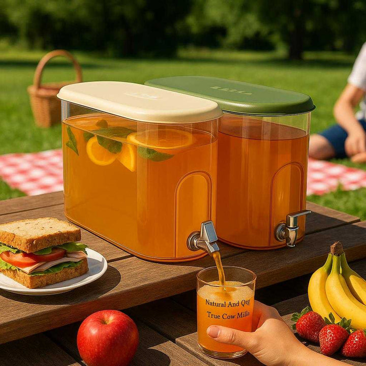 Kold Vand Flaske i Plastik og metal, Cremehvid & Middelaldergrøn, Pladsbesparende Design: A different realistic outdoor picnic setting where the Kold Vand Flaske is securely positioned on a wooden picnic table, surrounded by picnic items such as sandwiches and fruits, naturally placed as part of a refreshing drink station.