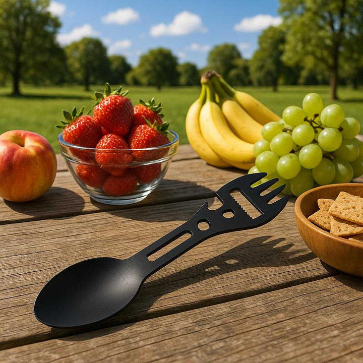 Kombinationsbestik i Metal – Professionelt Multiværktøj til Mad & Friluftsliv - Høj Kvalitet. The sleek metal spork multi-tool is set on a rustic wooden picnic table amidst a spread of fresh fruits and snacks in a vibrant park setting, with a sunny sky overhead.
