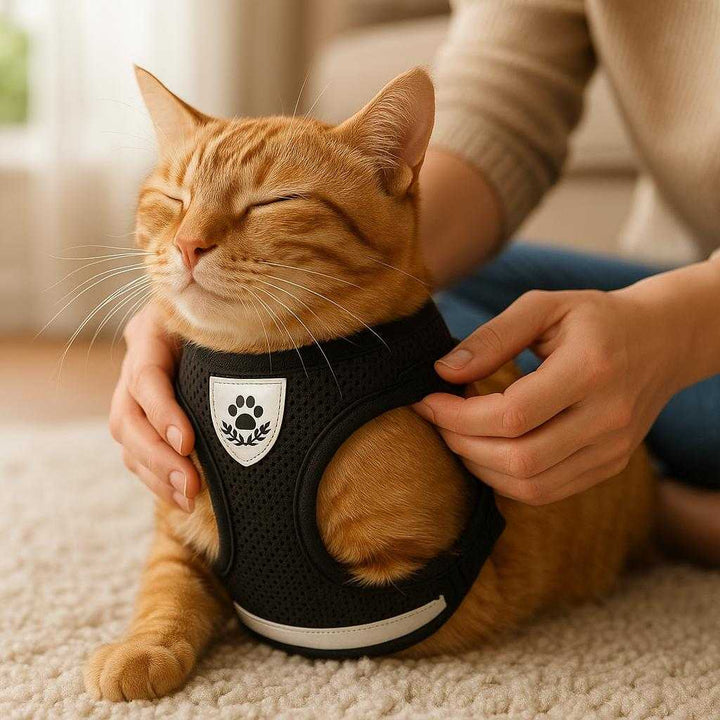 Komfortabel kattesele – Justerbar sele med snor og åndbart mesh-design i størrelser S-XL: A realistic cozy living room setting where the cat harness is properly grounded on a soft rug, being gently adjusted by a person's hands on a content cat.