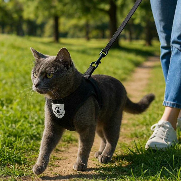 Komfortabel kattesele – Justerbar sele med snor og åndbart mesh-design i størrelser S-XL: A different realistic outdoor park setting where the cat harness is securely positioned on a cat, walking confidently on a grassy path.