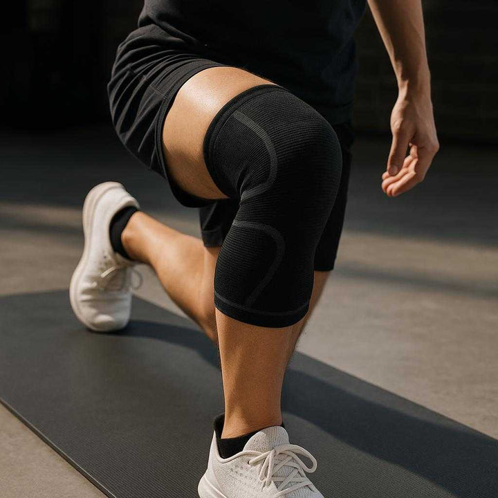 Kompressionsbind til Knæ i Small, Medium, Large, XLarge - Professionel Støtte og Komfort: A realistic gym setting where the knee compression band is properly grounded on the right knee of an individual performing lunges on an exercise mat.