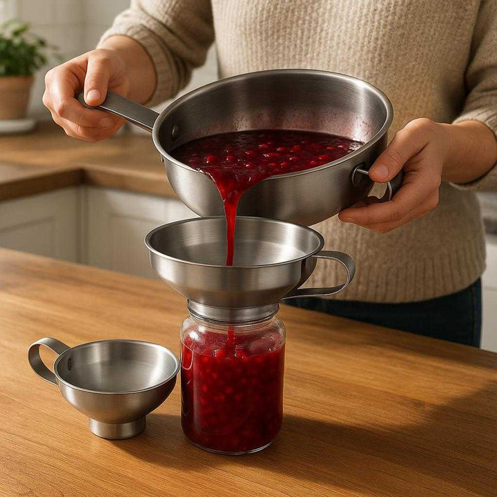 Konserves Tragt i Rustfrit Stål - Holdbar, Let at Rengøre, 3 stk. Sæt: A realistic kitchen setting where the stainless steel funnels are properly grounded on a wooden counter, being actively used by a person to pour freshly made jam into a glass jar.