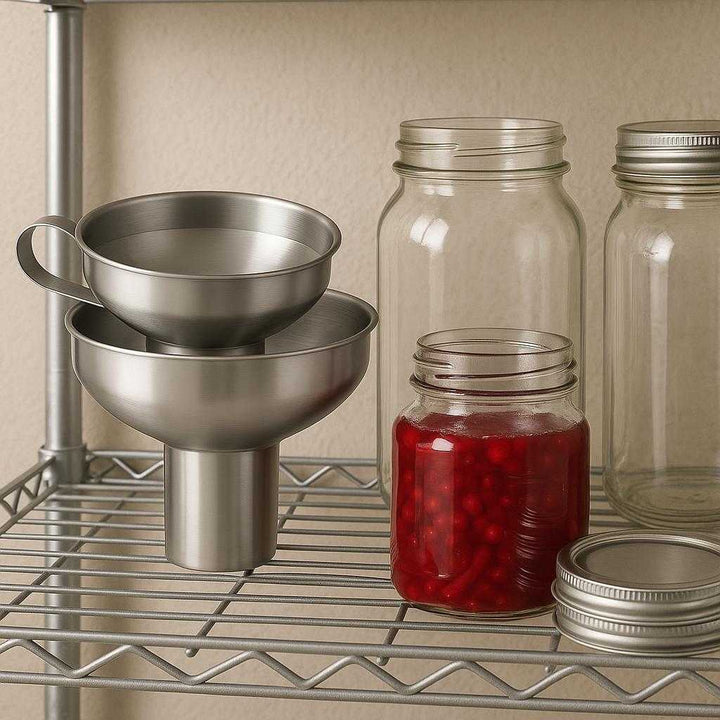 Konserves Tragt i Rustfrit Stål - Holdbar, Let at Rengøre, 3 stk. Sæt: A different realistic pantry setting where the funnels are securely positioned on a metal shelf, being placed naturally next to other organizing tools like jars and lids.