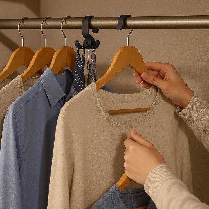 Kroge til ekstra ophæng: Pladsbesparende løsning til garderoben i sort plast: A realistic closet setting where the product is properly grounded on a metal clothing rod, being actively used by a person organizing a variety of clothing items on hangers.