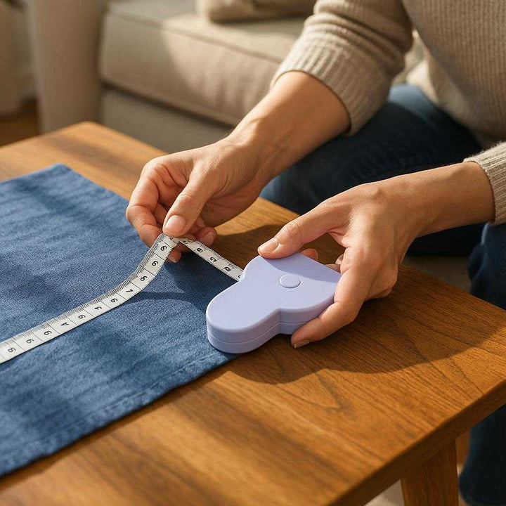 Kropsdimensioner Målebånd - Moderne Design i Hvid, Sort, Grøn, Lyserød Plast: A realistic living room setting where the product is properly grounded on a wooden coffee table, being actively used by a person to measure the length of fabric for a sewing project, with natural lighting coming from a nearby window casting realistic shadows and showing clear contact points on the table.