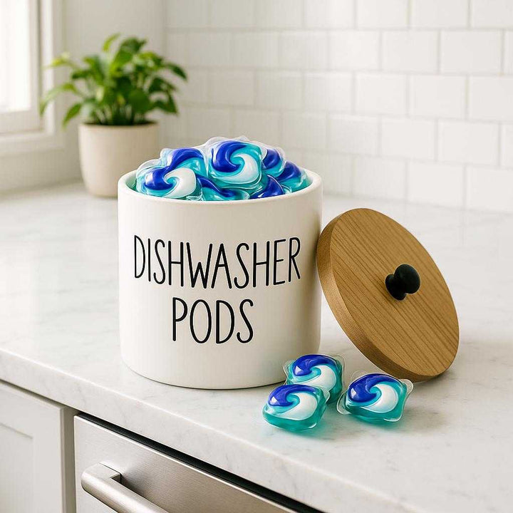 Krukke til Opvasketabs: Praktisk og Elegant Opbevaring i Hvid Keramik og Træ - Perfekt til Køkkenet: A bright, modern kitchen setting, where the ceramic container is placed on a pristine white marble countertop next to a sleek stainless steel dishwasher.