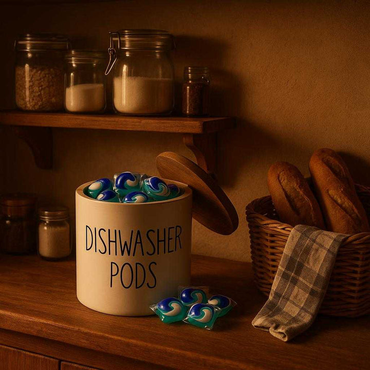 Krukke til Opvasketabs: Praktisk og Elegant Opbevaring i Hvid Keramik og Træ - Perfekt til Køkkenet: A cozy, rustic kitchen environment, where the container sits atop a wooden shelf with other kitchen essentials like mason jars and spice containers.