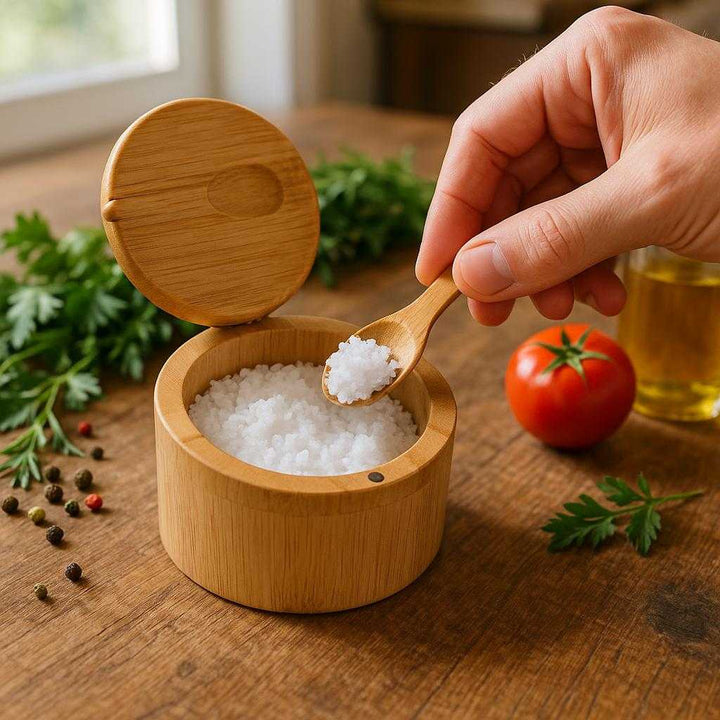 Krydderibøtte i Bambus med Indbygget Ske - Perfekt til Opbevaring af Salt og Krydderier: A realistic kitchen setting where the product is properly grounded on a rustic wooden countertop, being actively used by a hand scooping salt with the integrated spoon, surrounded by other cooking ingredients like herbs and spices.