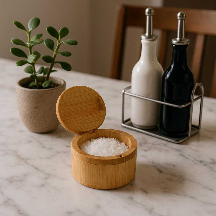 Krydderibøtte i Bambus med Indbygget Ske - Perfekt til Opbevaring af Salt og Krydderier: A different realistic dining table setting where the product is securely positioned on a sleek marble tabletop, placed naturally next to a set of condiments and a small potted plant, with natural lighting from above creating proper shadows and helping it blend seamlessly into a homey and elegant dining environment.