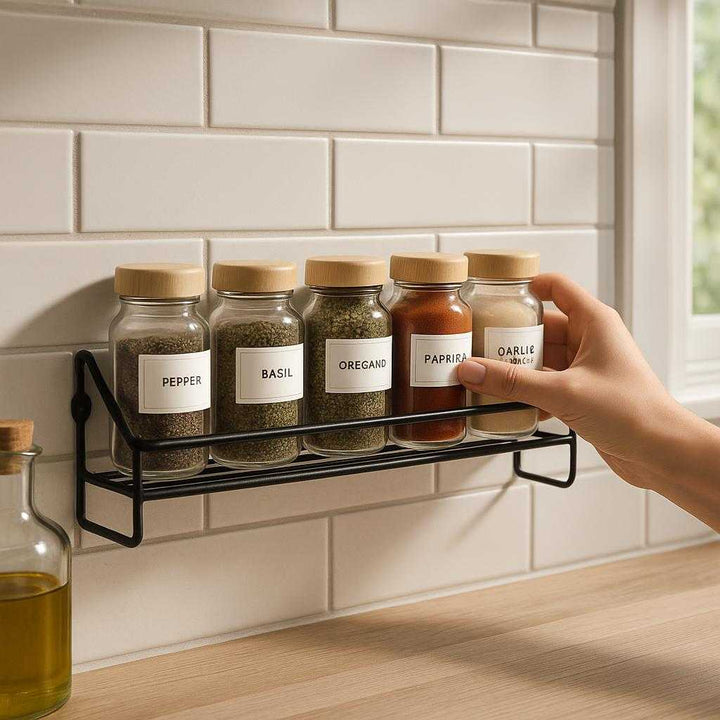 Krydderihylder i Sort Metal til Køkken - Små og Praktiske Vægmonterede Hylder: A realistic kitchen setting where the spice rack is properly grounded on a tiled backsplash, being actively used with various spice jars neatly arranged on it.