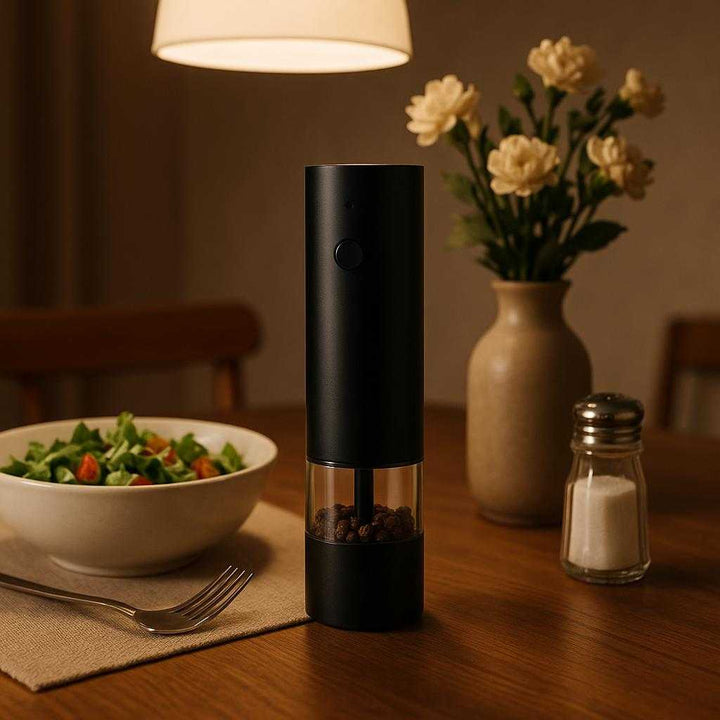 Krydderikværn - Elektrisk og Automatisk med LED-lys og Justerbar Grovhed, Bedst i Test: A different realistic dining room setting where the electric spice grinder is securely positioned on a stylish dining table next to a bowl of salad, naturally placed alongside a salt shaker and a vase with flowers.