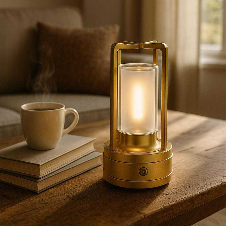 Krystalbordlampe i Retrodesign - Cylinderformet med LED-lys, Batteridrevet, Fås i Guld og Sort: A realistic cozy living room setting where the Krystalbordlampe is properly grounded on a rustic wooden coffee table, being naturally placed amongst books and a steaming cup of tea, with natural daylight streaming through a window casting realistic shadows and showing clear contact points where the lamp touches the table.