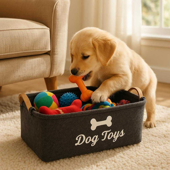 Kurv til hundelegetøj - Sammenklappelig, praktisk og moderne design i mørkegrå og lysbrun: A cozy living room setting where the basket for dog toys is placed on a plush area rug next to a comfortable armchair.