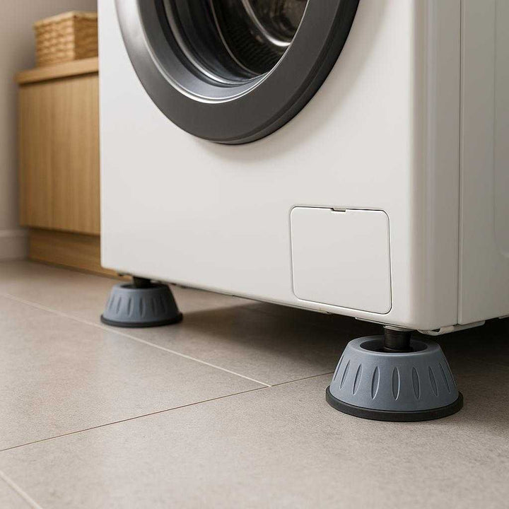 Kvalitetsfødder til vaskemaskine og tørretumbler - Professionel Støjreduktion og Stabilitet, Grå Plastik med Lodrette Ri: A realistic laundry room setting where the product is properly grounded on the floor under a washing machine, being naturally placed to show its function in reducing noise and providing stability.