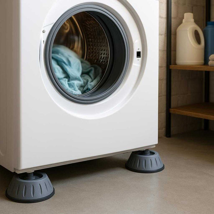 Kvalitetsfødder til vaskemaskine og tørretumbler - Professionel Støjreduktion og Stabilitet, Grå Plastik med Lodrette Ri: A different realistic home basement setting where the product is securely positioned under a dryer, being actively shown during a drying cycle.