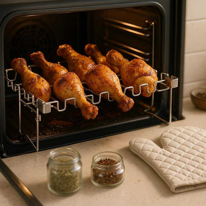 Kyllingeholder i Rustfrit Stål til Grill og Ovn - Professionel og Holdbar til Saftig Kylling. The chicken holder in an oven, evenly roasting juicy chicken pieces as part of a savory family dinner preparation, with a kitchen mitt and spices nearby on the countertop.